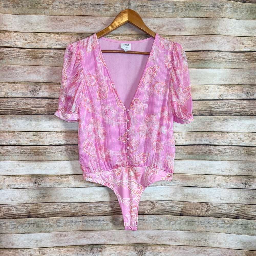 Hemant & Nandita Sion Pink Paisley Floral Print Metallic Puff Sleeve Bodysuit M